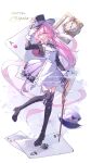  1girl absurdres ace_(playing_card) ace_of_clubs ace_of_diamonds ace_of_hearts ace_of_spades analog_clock black_boots blue_eyes boots cane card character_name chinese_commentary clock club_(shape) commentary_request cropped_jacket diamond_(shape) dress elysia_(honkai_impact) gloves hat heart highres holding holding_cane honkai_(series) honkai_impact_3rd long_hair luohuabanyu71142 official_alternate_costume playing_card simple_background solo spade_(shape) thigh_boots top_hat watermark white_background white_dress white_gloves 