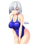  1girl blue_eyes blue_swimsuit breasts commentary_request competition_swimsuit cowboy_shot hair_ornament hair_over_one_eye hairclip hamakaze_(kancolle) highleg highleg_swimsuit highres kantai_collection large_breasts looking_at_viewer montemasa one-hour_drawing_challenge one-piece_swimsuit short_hair silver_hair solo swimsuit 