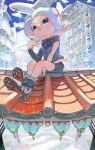  1girl absurdres aircraft airplane bike_shorts black_jacket blue_sky building cloud commentary grey_hair grey_socks highres jacket jellyfish_(splatoon) looking_at_viewer medium_hair minato_(minat0) octoling octoling_girl octoling_player_character on_roof outdoors shoes sitting sky socks solo splatoon_(series) splatoon_3 symbol-only_commentary tentacle_hair thick_eyebrows zipper 