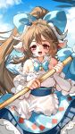  1girl absurdres animal_ears arknights bare_shoulders bell blue_bow blue_dress bow brown_hair commentary_request dress eyjafjalla_(arknights) eyjafjalla_the_hvit_aska_(a_picnic_before_a_long_trip)_(arknights) eyjafjalla_the_hvit_aska_(arknights) hair_bow highres holding horns kourou_(kouroukun) long_hair looking_at_viewer official_alternate_costume open_mouth ponytail red_eyes sheep_ears sheep_girl sheep_horns solo teeth upper_teeth_only 