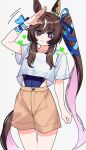  1girl :3 absurdres acaa animal_ears blue_eyes brown_background brown_shorts commentary daitaku_helios_(umamusume) ear_covers highres horse_ears horse_girl horse_tail long_hair looking_at_viewer multicolored_hair nail_polish pink_hair salute shirt shorts simple_background single_ear_cover solo streaked_hair t-shirt tail two-tone_hair umamusume white_hair white_shirt 
