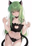  1girl :q absurdres animal_ears bell black_bra black_choker black_panties blush bra breasts budgiepon c.c. cat_cutout cat_ears cat_lingerie cat_tail choker claw_pose cleavage cleavage_cutout closed_mouth clothing_cutout code_geass collarbone commentary cowboy_shot green_hair groin hair_over_shoulder hands_up highres jingle_bell long_hair looking_at_viewer medium_breasts meme_attire naughty_face navel neck_bell panties paw_pose side-tie_panties signature simple_background sitting smile solo stomach straight_hair tail thigh_gap tongue tongue_out underwear underwear_only very_long_hair w_arms white_background yellow_eyes 