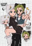  1boy 1girl :d absurdres aqua_eyes arrow_(symbol) black_hair black_pants black_shorts brown_shirt character_name chibi chibi_inset crop_top cropped_shirt cropped_vest denim_vest double_bun fake_horns fang fu_r_y fur_hat green_eyes green_hair grid_background hair_bun hat highres horned_hat horned_headwear horns jojo_no_kimyou_na_bouken kujo_jolyne lifting_person multicolored_hair outline pants shirt shoes shorts smile stone_ocean two-tone_hair v vest weather_report white_outline white_shirt white_shoes 