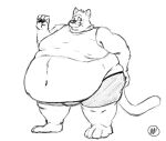 anthro belly belly_overhang big_belly bulge chubby_cheeks claws clothed clothing domestic_cat felid feline felis fur hand_on_butt looking_aside love_handles male mammal moobs mr_labrador navel obese obese_anthro obese_male overweight overweight_anthro overweight_male raised_hand solo standing thick_thighs wide_hips