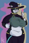 anthro belly big_belly big_breasts black_body black_fur blue_background blue_eyes blue_trim bottomwear bracelet breasts circle_eyebrows clair_(hornyavey) clothing collar domestic_cat elemental_manipulation eyebrows eyelashes fangs felid feline felis female fire fire_manipulation fur gem glistening glistening_eyes glistening_pawpads gold_trim green_clothing hat headgear headwear hi_res hornyavey jewelry long_skirt magic magic_runes magic_user magician mammal necklace one_eye_closed overweight overweight_anthro overweight_female pawpads paws pink_nose pink_pawpads pink_paws pink_shadow pink_tongue purple_clothing robe rune runes signature simple_background skirt slightly_chubby slightly_chubby_female solo teeth tongue whiskers white_body white_fur white_tummy wink witch wizard_hat wizard_robe