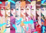  6+girls :3 :d ahoge aozora_jumping_heart ascot blonde_hair blue_eyes blue_feathers blue_hat blue_jacket blue_tiara braid brown_eyes brown_hair center_frills closed_mouth collarbone collared_shirt column_lineup commentary crown_braid falling_feathers feathers frills green_eyes grey_hair grin happy_party_train hat highres jacket japanese_clothes kimono koi_ni_naritai_aquarium kunikida_hanamaru kurosawa_dia kurosawa_ruby love_live! love_live!_sunshine!! matsuura_kanan mijuku_dreamer mitaiken_horizon multiple_girls my_mai_tonight navel next_sparkling!! official_alternate_costume ohara_mari omoi_yo_hitotsu_ni_nare open_mouth orange_hair purple_eyes purple_hair pyaa_(aqours801) red_ascot red_eyes red_hair sakurauchi_riko shirt smile split_mouth symbol-only_commentary takami_chika teeth tiara tsushima_yoshiko upper_teeth_only v-shaped_eyebrows watanabe_you white_kimono white_shirt yellow_eyes yume_de_yozora_wo_terashitai 