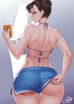  ass bare_shoulders breasts brown_eyes brown_hair butt_crack cameltoe chun-li cowboy_shot cup curtains dolphin_shorts double_bun from_behind gonster halter_top halterneck highres holding holding_cup large_breasts muscular muscular_female shorts street_fighter 
