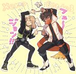  1boy 1girl :d ^_^ black_bodysuit black_jacket black_shoes bodysuit breasts brown_hair cleavage closed_eyes commentary_request copyright_name dark-skinned_male dark_skin dragon_ball dragon_ball_z eunie_(xenoblade) fusion_dance glasses jacket large_breasts long_scarf open_clothes open_jacket open_mouth orange_scarf scarf shoes smile standing star_(symbol) sudachips taion_(xenoblade) white_jacket xenoblade_chronicles_(series) xenoblade_chronicles_3 yellow_background 