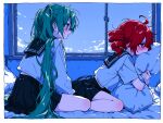  2girls ahoge annoyed aqua_eyes aqua_hair blue_skirt blue_sky blue_theme blush cloud commentary_request drill_hair empty_eyes from_side hatsune_miku highres holding holding_pillow kasane_teto long_hair long_sleeves messy_hair mochi_(user_ters7875) multiple_girls on_bed open_mouth pillow pleated_skirt red_eyes red_hair school_uniform serafuku shirt short_hair short_sleeves sitting skirt sky teeth twin_drills twintails upper_teeth_only utau v-shaped_eyebrows very_long_hair vocaloid wariza white_shirt window yokozuwari 