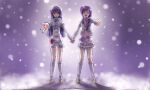  blue_hair closed_eyes couple denshi_manabu hat holding_hands long_hair looking_at_another love_live! open_mouth ponytail purple_hair shadow shy smile snow snow_halation sonoda_umi standing tojo_nozomi yuri 