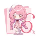  1girl ankle_socks argyle_clothes argyle_dress beret bloom_poetry_(shining_nikki) bow bow_legwear bowtie braid brown_eyes chibi chinese_commentary closed_mouth clothes_writing collared_shirt commentary_request countdown_illustration cross-laced_clothes cross-laced_dress dress dress_ribbon eyelashes frilled_shirt_collar frilled_sleeves frilled_socks frills hand_up hat high_collar highres light_blush long_hair long_sleeves low_twin_braids mary_janes medium_dress nikki_(nikki) nikki_(series) oren_cheng pinafore_dress pink_background pink_dress pink_hair pleated_dress red_bow red_bowtie red_ribbon ribbon second-party_source shadow shining_nikki shirt shoes sleeveless sleeveless_dress sleeves_past_wrists smile socks solo swept_bangs twin_braids two-tone_background very_long_hair white_background white_hat white_shirt white_shoes white_socks 