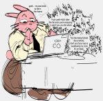 anthro cartoon_network clothing collared_shirt computer dialogue dress_shirt electronics english_text fur gat0pussy24 grey_background half-closed_eyes heart_symbol hi_res khakis lagomorph laptop leporid looking_at_porn male mammal narrowed_eyes necktie pink_body pink_fur pornography rabbit richard_watterson shirt simple_background solo speech_bubble text the_amazing_world_of_gumball thick_thighs topwear wide_hips