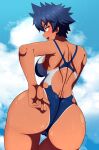  1girl ass black_hair blue_one-piece_swimsuit blush breasts cameltoe cloud competition_swimsuit median_furrow one-piece_swimsuit open_mouth original racerback sharp_teeth short_hair shoulder_blades sky solo swimsuit tan teeth thigh_gap tomboy wade99 wet wet_clothes wet_hair wet_swimsuit 