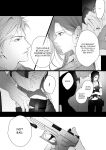  1boy 1girl absurdres armor eyelashes glock greyscale gun handgun highres holding holding_weapon leather_armor long_hair long_sleeves love_and_deepspace monochrome ng_ai0 pants parted_bangs parted_lips portrait profile protagonist_(love_and_deepspace) screentones shirt short_hair speech_bubble sylus_(love_and_deepspace) weapon 