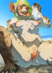 4_toes 5_fingers absurd_res anthro anus areola athletic athletic_anthro athletic_female barely_visible_anus beach big_clitoris biped bodily_fluids breasts breasts_apart bridge_piercing chest_tuft claws clitoral_hood_piercing clitoris crotch_tuft ear_piercing facial_piercing feet female fingers fur genitails genital_piercing genitals green_hair hair hi_res holding_object holding_towel humanoid_genitalia hyena itangpng looking_at_viewer mammal medium_breasts multicolored_hair natural_breasts nipples nose_piercing one_eye_closed outside piercing playful saliva saliva_on_tongue saliva_string sand smile smiling_at_viewer solo striped_hyena sunny tan_body tan_fur toes tongue tongue_out towel towel_around_neck towel_on_shoulder tuft vulva vulva_focus vulva_piercing white_hair wink winking_at_viewer