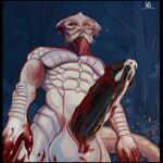 absurd_res anthro baulders blood blood_on_hand blood_splatter bloodied bodily_fluids cum dark dragon foreskin gate genital_fluids genitals hi_res male maximilliandi muscular mythological_creature mythological_scalie mythology penis precum scalie