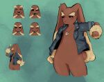 4_fingers absurd_res anthro arm_tuft blush brown_body brown_fur brown_tail c0cobeanz clothed clothed_anthro clothing colorful_background cotton_tail eyebrows female fingers fur generation_4_pokemon hi_res jacket jewelry leather leather_clothing leather_jacket leather_topwear long_ears lopunny necklace nintendo pokemon pokemon_(species) tail tan_body tan_fur topwear tuft waist wide_hips