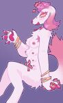 8_breasts 8_nipples anthro armpit_hair blush body_hair borzoi bracelet breasts bridge_piercing canid canine canis claws collar domestic_dog ear_piercing facial_piercing female flower fur hi_res hunting_dog jewelry long_ears mammal multi_breast multi_nipple nipple_piercing nipples nose_piercing nose_ring pawpads paws piercing pink_body pink_fur pink_pawpads plant pommy_(pynkpommy) purple_background red_claws ring ring_piercing septum_piercing septum_ring sighthound simple_background sitting solo vinqock white_body white_fur yellow_eyes