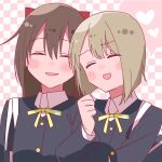  2girls bag black_jacket blush bob_cut bow brown_hair checkered_background collared_shirt grid_background hair_between_eyes hair_bow haruruhaharur heart highres jacket locked_arms long_hair love_live! love_live!_nijigasaki_high_school_idol_club multiple_girls nakasu_kasumi neck_ribbon nijigasaki_school_uniform open_mouth osaka_shizuku red_bow ribbon school_bag school_uniform shirt short_hair sidelocks smile upper_body white_shirt winter_uniform yellow_ribbon yuri 