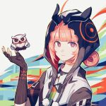  1girl abstract_background absurdres animal_ear_hood bird black_gloves black_jacket blue_eyes closed_mouth elbow_gloves fingerless_gloves ganezugarrrrr gloves hair_bun hand_up highres hood hood_up jacket kaf_(kamitsubaki_studio) kamitsubaki_studio multicolored_eyes multicolored_jacket owl pink_hair pom_pom_(clothes) red_eyes short_hair short_sleeves smile solo virtual_youtuber white_background white_jacket yellow_pupils 