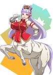  1girl :p animal_ears armband armpits bangs bare_shoulders blunt_bangs bow bowtie breasts bridle brown_headwear centaur clenched_hand collared_shirt commentary_request ear_covers ear_ribbon eyebrows_visible_through_hair floating_hair gloves gold_ship_(umamusume) hat horse_ears horse_tail large_breasts long_hair looking_at_viewer midori_no_iruka monster_girl monsterification multiple_legs pillbox_hat pointing pointing_at_self purple_eyes rearing red_bow red_shirt shirt silver_hair sleeveless sleeveless_shirt smile solo tail taur taut_clothes taut_shirt tongue tongue_out umamusume white_background white_gloves 
