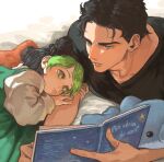  1boy 1girl aged_down black_hair book child double_bun earrings father_and_daughter green_eyes green_hair hair_bun highres holding holding_another&#039;s_arm holding_book jewelry jojo_no_kimyou_na_bouken kujo_jolyne kujo_jotaro looking_at_another looking_at_object lying medium_hair multicolored_hair on_side on_stomach parted_bangs reading reading_together short_hair stuffed_animal stuffed_dolphin stuffed_toy togusa_jj two-tone_hair 