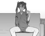  1girl blush collarbone commentary couch fanning_self greyscale hair_ribbon highres hot japanese_clothes kantai_collection long_hair monochrome ribbon rolling_eyes shorts sitting solo spread_legs sweat takaman_(gaffe) twintails zuikaku_(kancolle) 