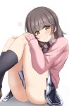  1girl blush brown_eyes cardigan closed_mouth highres hugging_own_legs kibihimi kneehighs long_hair long_sleeves looking_at_viewer ongeki panties pantyshot pink_cardigan pleated_skirt sakurai_haruna_(ongeki) school_uniform shirt sitting skirt smile socks solo striped_background underwear white_panties 