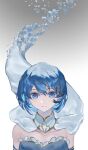  1girl absurdres armlet baicha_nuwang bare_shoulders blue_eyes blue_gloves blue_hair blue_shirt breasts cape cleavage closed_mouth collarbone collared_cape dissolving dot_nose elbow_gloves floating_cape fortissimo frilled_shirt frills gloves gradient_background grey_background hair_between_eyes hair_ornament hairclip happy high_collar highres jewelry looking_at_viewer magical_girl mahou_shoujo_madoka_magica mahou_shoujo_madoka_magica_(anime) miki_sayaka musical_note musical_note_hair_ornament shirt short_hair simple_background smile solo straight-on strapless strapless_shirt upper_body water_drop white_background white_cape 