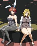  2girls agent_aika aika_(series) alternate_costume animal_ears bare_shoulders black_delmo black_legwear black_leotard blonde_hair blue_eyes bow bowtie breasts bunny_delmo bunny_ears buttons casino casino_card_table cleavage covered_navel croupier dealer_delmo detached_collar earrings fake_animal_ears high_heels highleg highleg_leotard highres indoors jewelry leotard long_sleeves mamesi_(suhk8583) medium_breasts multiple_girls panties pantyhose pencil_skirt playboy_bunny red_hair red_neckwear shirt short_hair sitting skirt strapless strapless_leotard thighs underwear uniform vest white_headwear white_panties white_shirt wrist_cuffs 