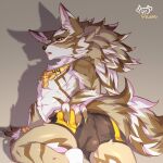  1:1 anthro bottomwear bulge butt canid canine canis clothing fur hi_res jackal looking_back male mammal multicolored_body multicolored_fur presenting presenting_hindquarters seth_(tas) shorts solo tokyo_afterschool_summoners video_games xiao_jie_daiji 