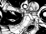  1boy chinese_commentary coat commentary_request cowboy_shot extra_eyes glasses greyscale hair_over_one_eye kiel-d-01 long_sleeves looking_at_viewer male_focus monochrome parted_lips ragnarok_online selcia short_hair sketch smile solo 