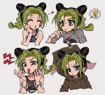  1girl ? aqua_tank_top black_hair black_tank_top blush braid breasts bun_with_braided_base cone_hair_bun cropped_torso double_bun fork fu_r_y green_eyes green_hair green_lips hair_bun half-closed_eye heart highres holding holding_fork jojo_no_kimyou_na_bouken kujo_jolyne lightning_bolt_symbol lipstick makeup multicolored_hair multiple_views small_breasts speech_bubble spider_web_print spoken_question_mark stone_ocean sweatdrop tank_top tongue tongue_out two-tone_hair 