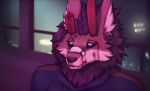 2025 anthro black_nose black_sclera blood bodily_fluids broken_horn brown_body brown_face brown_fur canid canine canis cheek_tuft clothed clothing colored demon facial_tuft fur horn hybrid inner_ear_fluff looking_up male mammal meme multicolored_body neck_tuft purple_eyes purple_light shaded solo tuft two_tone_body white_body white_fur wolf wolfarion wolfarion_(character)