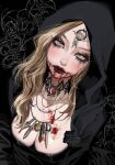  1girl bela_dimitrescu black_cloak blonde_hair blood blood_from_mouth blush breasts cleavage cloak eyelashes facial_mark forehead_mark gem hashtag-only_commentary highres hood hooded_cloak large_breasts long_hair looking_at_viewer makeup multiple_necklaces red_gemstone red_lips resident_evil resident_evil_village runny_makeup shmalloe solo wavy_hair 