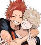  2boys arm_around_neck bakugou_katsuki black_shirt blonde_hair blush boku_no_hero_academia cheek-to-cheek closed_eyes commentary_request crew_neck depisx dot_nose explosion grin heads_together highres kirishima_eijiro male_focus middle_finger multiple_boys orange_eyes parted_bangs red_hair sanpaku scar scar_on_cheek scar_on_face shirt short_sleeves simple_background smile t-shirt teeth upper_body white_background yaoi 