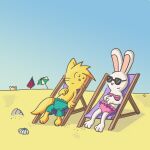  1:1 anthro beach bikini clothed clothing colored digital_media_(artwork) domestic_cat duo el_senor_erizo eyelashes fanny_(el_senor_erizo) felid feline felis female hi_res lagomorph leporid long_ears male mammal rabbit seaside smile swimwear tom_(el_senor_erizo) whiskers 