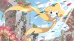  blue_eyes blurry closed_mouth cloud commentary_request day flower from_below gen_3_pokemon jirachi light_rays mythical_pokemon no_humans outdoors petals plant pokemon pokemon_(creature) ruins sky smile vines winegrapeivy 