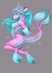  2021 anthro asian_mythology blue_body blue_eyes blue_hair blue_scales breasts caribou_(artist) chinese_mythology east_asian_mythology female fingers grey_background hair hooved_fingers hooves jumping kirin mythology nipples purple_body purple_scales scales simple_background smile solo 