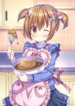  1girl ;) apron black_skirt blue_sweater blurry blurry_background blush bowl brown_eyes brown_hair chocolate closed_mouth depth_of_field frilled_apron frilled_skirt frills hair_ornament hairclip heart heart_hair_ornament highres holding holding_bowl kouta. mixing_bowl one_eye_closed original pink_apron pleated_skirt short_twintails skirt smile solo sweater tile_wall tiles twintails whisk x_hair_ornament 