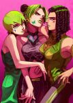  3girls aqua_eyes aqua_hair arm_on_another&#039;s_shoulder bare_shoulders black_hair black_pants blue_eyes blue_hair braid breasts bun_with_braided_base commentary curtained_hair double_bun dreadlocks ermes_costello eyelashes facial_mark foo_fighters_(jojo) forehead_tattoo green_eyes green_hair green_lips green_overalls green_vest hair_bun hand_on_another&#039;s_waist hand_on_own_hip hand_on_own_stomach head_tilt highres jojo_no_kimyou_na_bouken kujo_jolyne looking_at_viewer looking_to_the_side medium_breasts medium_hair multicolored_hair multiple_girls navel overalls pants parted_bangs pink_background ribbed_sweater short_hair sleeveless sleeveless_sweater small_breasts spider_web_print stone_ocean sweater togusa_jj turtleneck turtleneck_sweater two-tone_hair vest yellow_sweater 