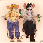  1:1 2020 alcohol anthro beer beverage black_hair blonde_hair blue_eyes breasts chip_&#039;n_dale_rescue_rangers clothed clothing digital_media_(artwork) disney drxii duo ear_piercing entwined_tails eyewear female female/female fur gadget_hackwrench glitch_(chip_&#039;n_dale_rescue_rangers) goggles hair hi_res mammal mouse murid murine nipple_piercing nipples piercing rodent simple_background smile smoking tail_coil topless 