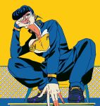  1boy anchor_ornament black_hair black_shoes blue_eyes blue_jacket blue_pants diamond_wa_kudakenai earrings flat_color gakuran hand_on_own_face heart higashikata_josuke highres jacket jewelry jojo_no_kimyou_na_bouken looking_at_viewer male_focus pants peace_symbol perspective pompadour school_uniform shirt shoes solo squatting stud_earrings user_ftf4740 yellow_background yellow_shirt 