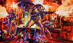 ak-47 ak_platform anthro assault_rifle bow_tie canid canine clenched_teeth clothed clothing destruction domestic_pig explosives fire fur graham_humphreys grenade group gun gunfire hybrid hyena island_of_dr_moreau laboratory laser machine_gun male mammal ranged_weapon rifle suid suine sus_(pig) teeth topless trio weapon