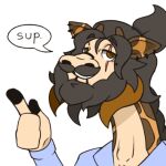 anthro beard black_hair brown_eyes curly_hair ear_piercing eye_scar facial_hair facial_piercing facial_scar fingers fur giraffe giraffid grey_hair hair hooved_fingers hooves lip_piercing long_beard male mammal markings mole_under_eye mora_giraffe mustache nose_jewelry piercing ponytail scar solo speech_bubble spots spotted_body spotted_fur starmoral sticker teeth telegram_sticker text