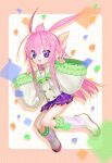  1girl :d absurdres ahoge axiacid collared_shirt commentary_request confetti double_w fang full_body hair_between_eyes hair_ears hair_flaps hair_ornament hands_up highres long_hair long_pointy_ears long_sidelocks long_sleeves looking_at_viewer open_mouth original pink_hair pleated_skirt pointy_ears purple_eyes purple_skirt shirt shoes sidelocks skirt sleeves_past_wrists smile socks solo star_(symbol) star_hair_ornament star_in_eye suzuka_sutera_(axiacid) symbol_in_eye topknot very_long_hair w white_shirt white_shoes white_socks wide_sleeves 