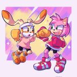 amy_rose anthro boxing_gloves clothing cream_the_rabbit duo eulipotyphlan eye_contact female fight footwear gloves handwear hedgehog hi_res lagomorph looking_at_another lou_lubally mammal open_mouth open_smile sega shoes signature simple_background smile sonic_the_hedgehog_(series) sweatband
