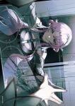  1girl bema_(sinsekai) bokyo character_name commentary_request condensation copyright_name earrings flower_earrings grey_eyes hair_ornament hand_on_mirror highres indoors jewelry kamitsubaki_studio long_hair looking_at_mirror looking_at_viewer mirror official_art parted_bangs parted_lips pink_hair second-party_source sideways sinsekai_studio solo upper_body virtual_youtuber water_drop window_fog 