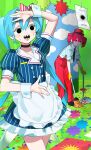  2girls absurdres apron black_choker black_necktie black_shoes blue_dress blue_hair blue_hat bow bright_pupils broom buttons choker cleaning collarbone collared_shirt confetti contrast_collar cowboy_shot diagonal-striped_bow double-breasted dress drill_hair dustpan fingernails full_body gloves green_screen hair_between_eyes hat hatsune_miku highres holding holding_broom holding_dustpan kasane_teto kepi long_hair looking_ahead looking_at_another mesmerizer_(vocaloid) military_hat multiple_girls necktie nik_ibi pants pinstripe_dress pinstripe_hat pinstripe_pattern puffy_short_sleeves puffy_sleeves red_bow red_eyes red_hat red_pants sharp_teeth shirt shoes short_sleeves sleeves_rolled_up solid_circle_eyes striped_clothes striped_shirt suspenders sweat teeth tongue twin_drills twintails two-tone_bow upper_teeth_only utau vocaloid waist_apron white_apron white_bow white_pupils white_wrist_cuffs wing_collar wrist_cuffs yellow_gloves 