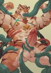 absurd_res amenohi29 anthro barazoku big_muscles biped black_bottomwear black_clothing black_underwear bottomwear clothing erection felid genitals hi_res humanoid_genitalia humanoid_penis male mammal muscular muscular_anthro muscular_male oral oral_penetration pantherine penetration penis restrained restrained_by_tentacles solo tentacle_in_mouth tentacle_on_penis tentacle_penetration tentacles tentacles_on_male tiger underwear